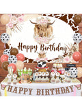 Boho Highland Cow Birthday Decorations Pink Brown Balloons Banner and Backdrop