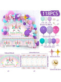 118PCS Unicorn Birthday Decorations Balloon Garland Backdrop and Tablecloth Set