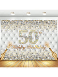 White Gold 50th Birthday Backdrop 7x5ft Diamonds Crystals Champagne Banner