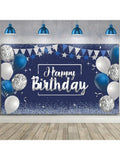 Happy Birthday Backdrop Glitter Banner 72.8x43.3 Silver Navy Party Decor
