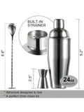 24oz Stainless Steel Cocktail Shaker Set with Jigger Spoon and Strainer