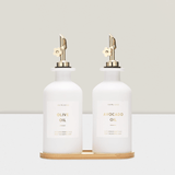 2pcs Glass Olive Oil Vinegar Dispenser Bottles 11.8oz Gold White Design
