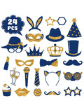 24-Pc Funny Photo Booth Props Gold and Navy Hats Lips Ties Crowns for Parties