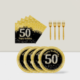 72-Piece Black and Gold 50th Birthday Tableware Set with Plates and Napkins