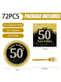72-Piece Black and Gold 50th Birthday Tableware Set with Plates and Napkins