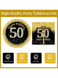72-Piece Black and Gold 50th Birthday Tableware Set with Plates and Napkins