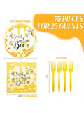 75-Pc Yellow Party Set with Disposable Plates Napkins and Forks for Birthdays