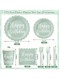 175-Piece Sage Green Birthday Tableware Set Plates and Napkins for 25 Guests