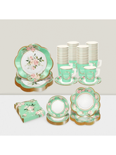 136pcs Green Floral Tea Party Set for 25 Guests Cups Plates Saucers