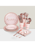 175PCS Pink Rose Gold Birthday Tableware Plates Napkins and Cutlery for 25 Guests