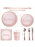 175PCS Pink Rose Gold Birthday Tableware Plates Napkins and Cutlery for 25 Guests