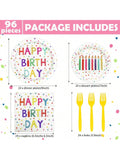 96PCS Colorful Dot Birthday Tableware Set Plates Napkins Forks for 24 Guests