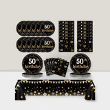 Black and Gold 50th Party Set for 24 Plates Napkins Tablecloth
