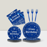 Navy Blue Silver Party Set 96 pcs Plates Napkins Forks for Birthday Holidays