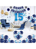 15th Blue Birthday Party Set Banner, Foil 15 Balloons, Streamers & Swirls For Teen