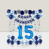15th Blue Birthday Party Set Banner, Foil 15 Balloons, Streamers & Swirls For Teen