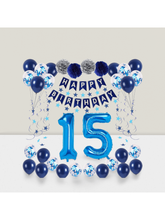 15th Blue Birthday Party Set Banner, Foil 15 Balloons, Streamers & Swirls For Teen