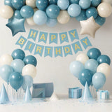 Blue Birthday Decorations for Men with Dusty Blue and White Balloons Banner and Curtains