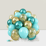 60 Pc Teal Balloon Set Metallic Green Gold and Confetti for Party Decor
