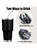 Stainless Steel Double Wall Insulated Tumbler With Straw, Lid, And Cleaning Brush For Hot & Cold Beverages-Black,