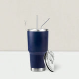 Stainless Steel Double Wall Insulated Tumbler With Straw, Lid, And Cleaning Brush For Hot & Cold Beverages-Navy Blue,