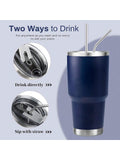 Stainless Steel Double Wall Insulated Tumbler With Straw, Lid, And Cleaning Brush For Hot & Cold Beverages-Navy Blue,
