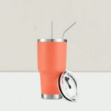 Stainless Steel Double Wall Insulated Tumbler With Straw, Lid, And Cleaning Brush For Hot & Cold Beverages-Orange,
