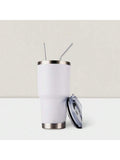 Stainless Steel Double Wall Insulated Tumbler With Straw, Lid, And Cleaning Brush For Hot & Cold Beverages-White,