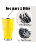 Stainless Steel Double Wall Insulated Tumbler With Straw, Lid, And Cleaning Brush For Hot & Cold Beverages-Yellow,