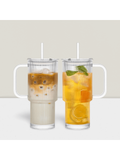 2-Pack 26oz Ribbed Glass Tumblers with Handle Lid and Straws