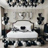 I Love You Balloon Set Black Silver Hearts with Rose Petals for Romantic Decor