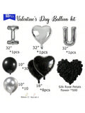 I Love You Balloon Set Black Silver Hearts with Rose Petals for Romantic Decor