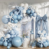 Dusty Blue Balloon Arch Kit 134 pcs Slate Baby Blue White Clear with Bow Decor