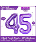 40" Purple Foil Number 45 Balloons, Giant Mylar Helium Balloons For 45th Birthday Or Anniversary Party Decorations And Celebration Supplies -