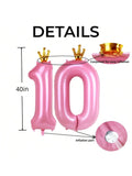 40-Inch Pink Number 10 Foil Balloon with Crown for Girls 10th Birthday or Party