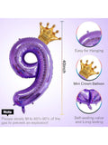 40-Inch Purple Number 9 Balloon with Mini Crown for 9th Birthday Party