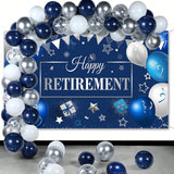 Retirement Party Decorations Navy Blue and Silver Balloon Set with Backdrop Banner