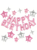 Pink Happy Birthday Banner 16 Inch with 12 Pc Star Foil Balloons for Party
