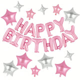 Pink Happy Birthday Banner 16 Inch with 12 Pc Star Foil Balloons for Party