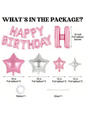 Pink Happy Birthday Banner 16 Inch with 12 Pc Star Foil Balloons for Party