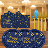 75-Piece Dark Blue and Gold Dot Birthday Tableware Set Plates Napkins Forks