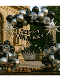 Black Birthday Decorations for Men with Balloons, Banner, and Silver Fringe Curtains