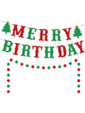 Merry Birthday Banner Glittery Sign for Christmas Birthday and Holiday Celebrations