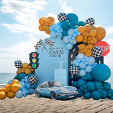 155PCS Race Car Balloon Garland Kit with Blue Yellow Checkered Foil Balloons