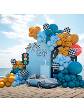 155PCS Race Car Balloon Garland Kit with Blue Yellow Checkered Foil Balloons