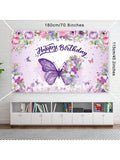 Purple Butterfly Happy Birthday Backdrop Banner for Women Shower & Spring Party