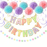 20pcs Macaron Birthday Decorations Set with Banner, Garland & Swirls for Pastel Party