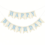 Blue Burlap Happy Birthday Banner for Men Party Decoration Backdrop
