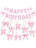 Pink Bow Birthday Party Decorations with Banner & Hanging Swirls for Women