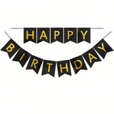 9-Ft Happy Birthday Banner Black and Gold for Reusable Party Wall Decor